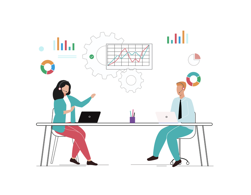 Workers at desks with laptops and headsets